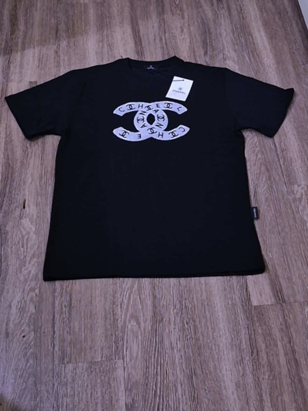CHANEL Black Short-Sleeve Tee with White Logo Graphic